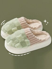 Women's Plush Home Slippers Warm Furry Slipper Square & Color Block Design, Round Toe, Winter - Green - View 2