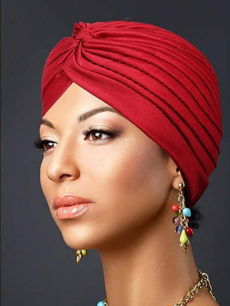 1 件裝女式歐美風格頭巾帽波西米亞帽子時尚防風帽適合日常佩戴和產後護理 - 紅色 - 查看 1