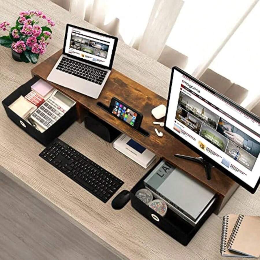 Dual Monitor Stand with Two Drawers,Extra Large Storage Computer ...