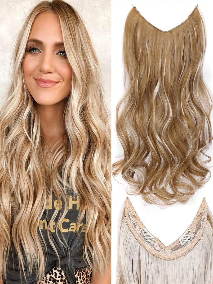 26/60A# Hair Extensions Thick Invisible Wire Hair Extension Adjustable Headwidth Size Wavy Curly Long 18 Inches Hairpiece Invisible Wire Hair Extension Short Synthetic Hairpiece - Piano Color - View 1