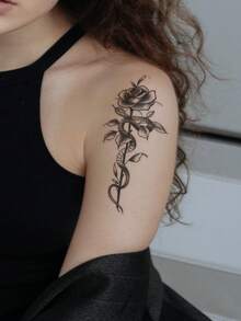 2 Piezas Tatuaje Temporal Con Diseño De Flores Negras, Palabra, Serpiente Y Patrón En Forma De S Para Brazo, Clavícula, Pecho, Abdomen, Espalda - Negro - Ver 4