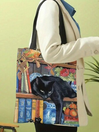 1 Pc Bookshelf Black Cat Tote Bag, Large Capacity Shoulder Bag For Travel & Work, Multi-Purpose Reusable Grocery Shopping Bag With Cute Cat Print - Reusable Double-Sided Animal Print Shopping Bag With Fixed Shoulder Strap, Unlined And Unclosed Tote Bag - Multipurpose Large Capacity Tote Bag, Suitable For Shopping And Cat Lover Gifts