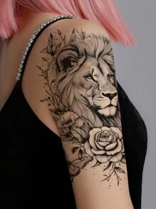 STARTTOOS 1入組暫時性獅子、花、蝴蝶設計淺黑色臂、胸、背、身體紋身貼紙 - 黑色 - 查看 2