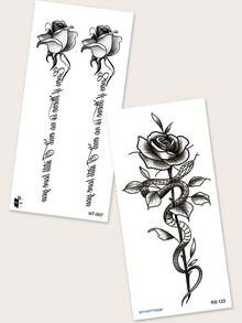 2 Piezas Tatuaje Temporal Con Diseño De Flores Negras, Palabra, Serpiente Y Patrón En Forma De S Para Brazo, Clavícula, Pecho, Abdomen, Espalda - Negro - Ver 5