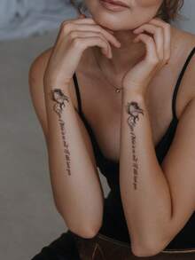 2 Piezas Tatuaje Temporal Con Diseño De Flores Negras, Palabra, Serpiente Y Patrón En Forma De S Para Brazo, Clavícula, Pecho, Abdomen, Espalda - Negro - Ver 3