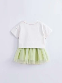 女小童卡通圖案T恤和網紗裙子套裝