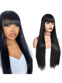 Long Straight Wig With Bangs - Black - View 1