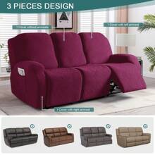 Stretch Recliner Sofa Covers, Reclining Couch Covers With Pockets, Jacquard Reclining Sofa Covers Soft Washable Furniture Protector With Elastic Bottom - Burgundy - View 3