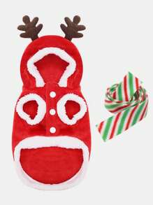 1入組聖誕主題溫暖法蘭絨寵物運動衫帶馴鹿設計,條紋圖案圍巾,寵物家居服,合適的適用於小型犬和貓 - 紅色 - 查看 4