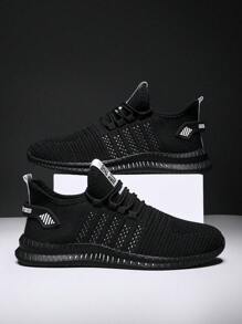 Men's Breathable Knit Casual Running Shoes For All Seasons - Black and White - View 2