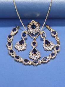 5件套意大利巴西婚禮鋯石大珠寶套裝,禮服配件,豪華婚紗項鍊和長耳環手鍊可調節戒指套裝非洲18k鍍金珠寶 - 紅色 - 查看 11