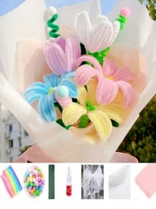 2組手工diy絨質花束,帶有超密集的毛根,包括玫瑰和鬱金香,diy可彎曲的絨質花莖材料包