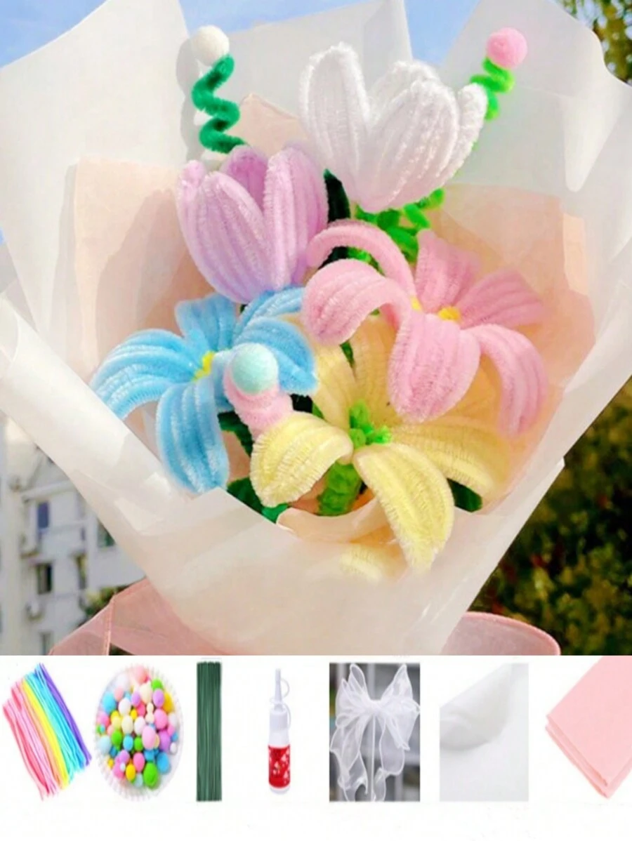 2組手工diy絨質花束,帶有超密集的毛根,包括玫瑰和鬱金香,diy可彎曲的絨質花莖材料包