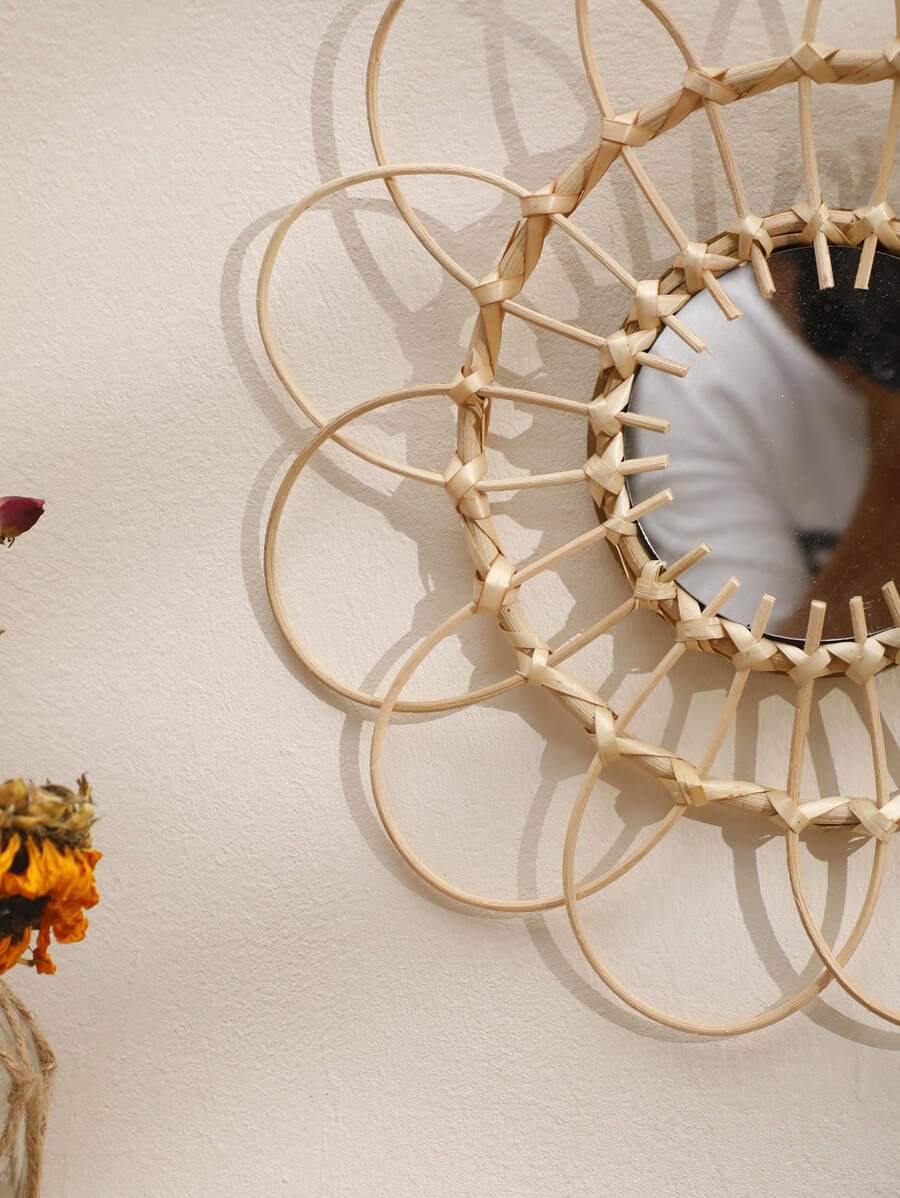1pc Hanging Mirror Rattan Sunflower Circular Wall Mirror Decor