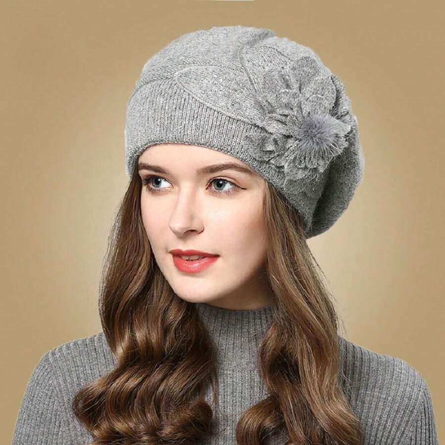 Women's Warm Knit Hat With Rabbit Fur, Korean Style Winter Ear Protection Cap For Postpartum Period - Grey - View 1