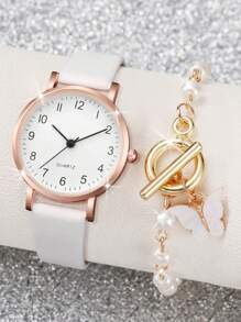 女士 PU 皮革表带时尚简约数字表盘石英腕表 + 蝴蝶珍珠手链（2 件/套）作为返校学生的礼物 - 白色 - 查看 3