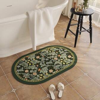 1pc Green Floral American Style Polyester Bathroom Mat, Water Absorbent And Anti-Slip Rubber Backing Toilet Floor Carpet ,Room Decor