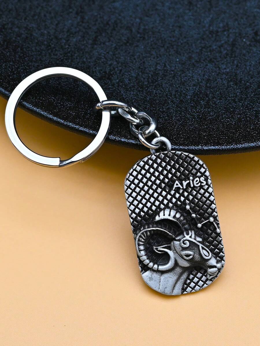 1pc Unisex 12 Zodiac Signs Retro Oval Charm Fashion Metal Keychain - White - View 1