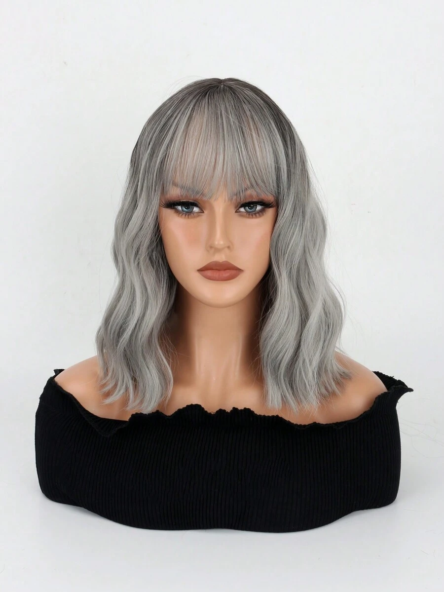 黑灰漸變色自然波浪帶空氣瀏海短髮玩具熱帶雨林,適用於女性肩長卷曲愛好cosplay的波波頭假髮(12吋,黑灰色) - 灰色 - 查看 1