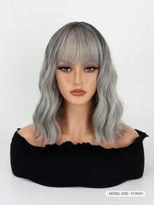 黑灰漸變色自然波浪帶空氣瀏海短髮玩具熱帶雨林,適用於女性肩長卷曲愛好cosplay的波波頭假髮(12吋,黑灰色) - 灰色 - 查看 4