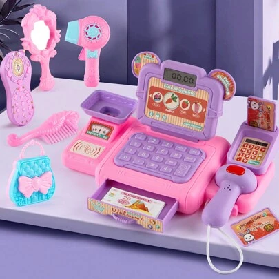 1 Set Caja registradora de supermercado de juguete para niños, de color aleatorio, accesorios de casa de juguete para juego de roles divertido, 1 pieza de muñeca aleatoria, modelo de mostrador de caja de tienda de conveniencia en miniatura, adecuado como regalo para niños, requiere 2 pilas AA (no incluidas)