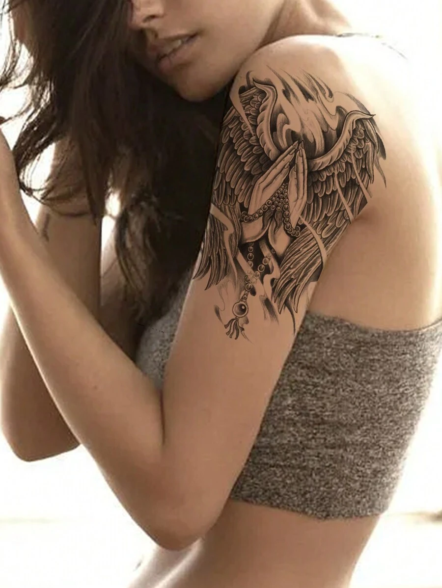 1 件臨時紋身貼紙翅膀、佛珠和性感設計,男女防水逼真閃光紋身轉移 - 黑色 - 查看 1