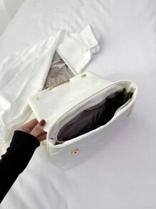 菱形拼接紋路軟呢方包,金屬裝飾鏈 - 白色 - 查看 7