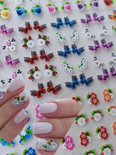 100 Adesivos de Unhas 3D Películas Multicolorido Pré Prontas Tem Que Finalizar com Base - 10 Cartelas