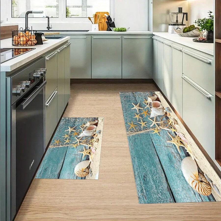 1pc Coastal Beach Design Crystal Velvet Mat For Kitchen, Entrance Doorway, Washable