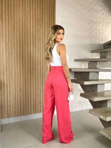 Calça Pantalona de Linho  pernas longas largas Bolso Calça wide leg linho original Elegante e Basico