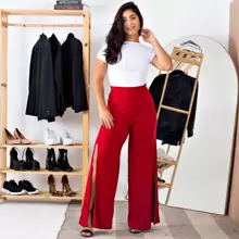Calça Feminina Pantalona Cintura Alta Com Fenda Sem Bolso - Vermelho - Visão 5