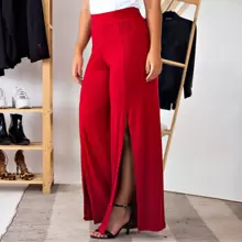 Calça Feminina Pantalona Cintura Alta Com Fenda Sem Bolso - Vermelho - Visão 3