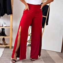 Calça Feminina Pantalona Cintura Alta Com Fenda Sem Bolso - Vermelho - Visão 2