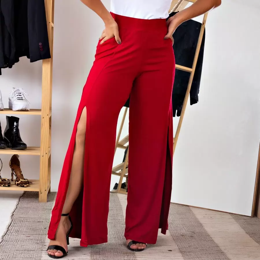 Calça Feminina Pantalona Cintura Alta Com Fenda Sem Bolso