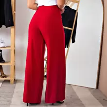 Calça Feminina Pantalona Cintura Alta Com Fenda Sem Bolso - Vermelho - Visão 4