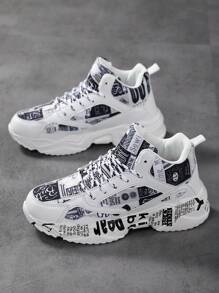 Women's Fashion High-Top Printed Lace-Up Casual Sneakers, Comfortable Outdoor Sports Running Versatile Unisex Shoes - Black and White - View 6