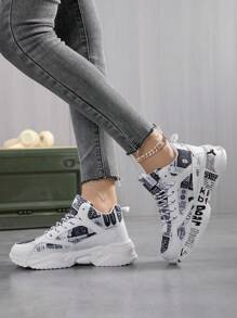 Women's Fashion High-Top Printed Lace-Up Casual Sneakers, Comfortable Outdoor Sports Running Versatile Unisex Shoes - Black and White - View 5
