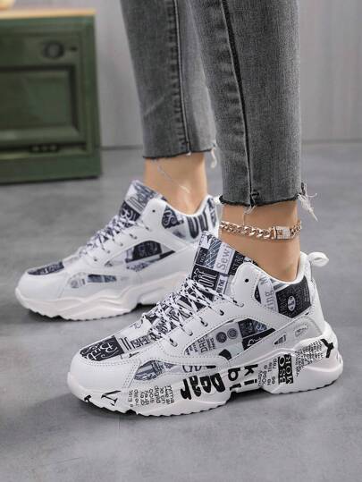 Women's New Fashion All-Over Print Contrast Color Random Print Lace-Up Casual Sports Shoes, Comfortable For Daily Wear, Outdoor Sports, Campus, Street, Running, Couples