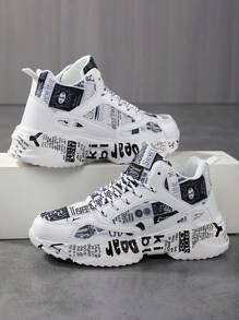 Women's Fashion High-Top Printed Lace-Up Casual Sneakers, Comfortable Outdoor Sports Running Versatile Unisex Shoes - Black and White - View 8