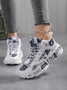 Women's Fashion High-Top Printed Lace-Up Casual Sneakers, Comfortable Outdoor Sports Running Versatile Unisex Shoes - Black and White - View 2