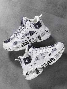 Women's Fashion High-Top Printed Lace-Up Casual Sneakers, Comfortable Outdoor Sports Running Versatile Unisex Shoes - Black and White - View 7