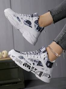 Women's Fashion High-Top Printed Lace-Up Casual Sneakers, Comfortable Outdoor Sports Running Versatile Unisex Shoes - Black and White - View 4