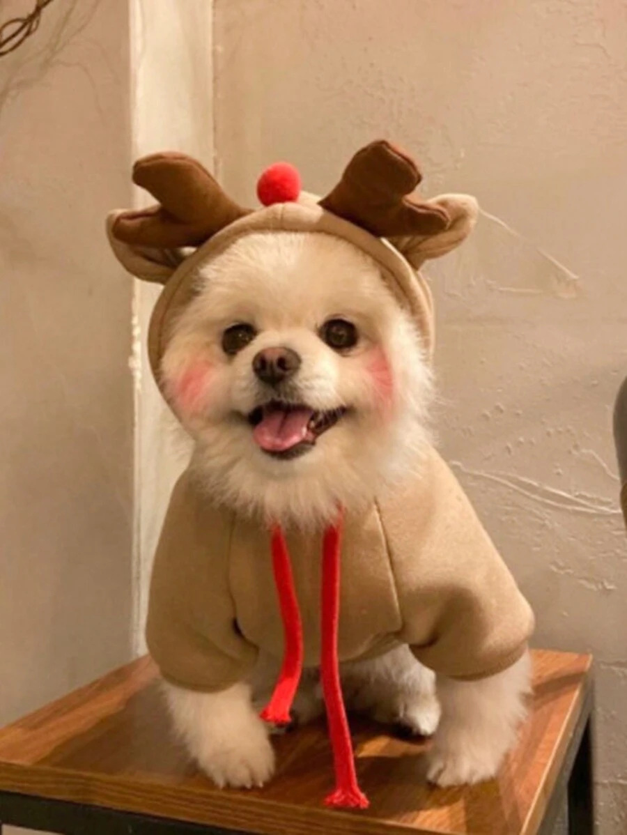 1 Peça Moletom Com Capuz Para Fantasia De Natal Para Cães E Gatos Pequenos E Médios (teddy, Poodle, Bulldog Francês, Etc.) - Caqui - Ver 1