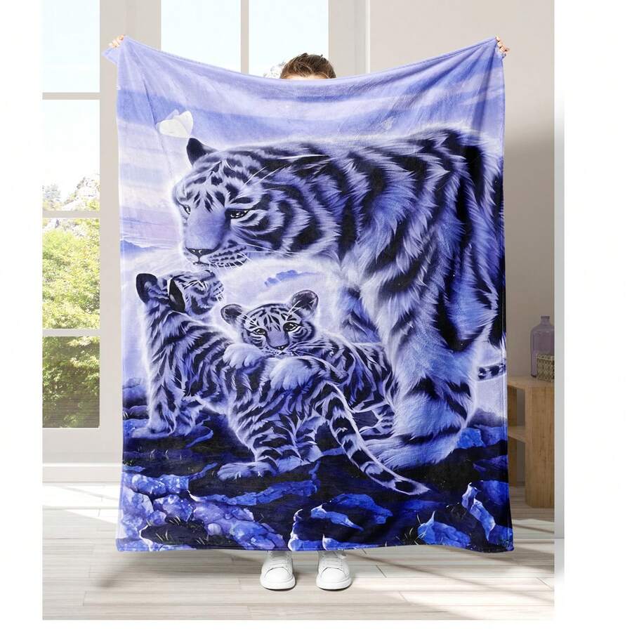 1條可愛老虎印花法蘭絨毯,皮膚友好舒適抱毯,適用於午睡,旅行,沙發,床,辦公室和家居裝飾,男孩,女孩,兒童的生日節日禮物,全季節適用