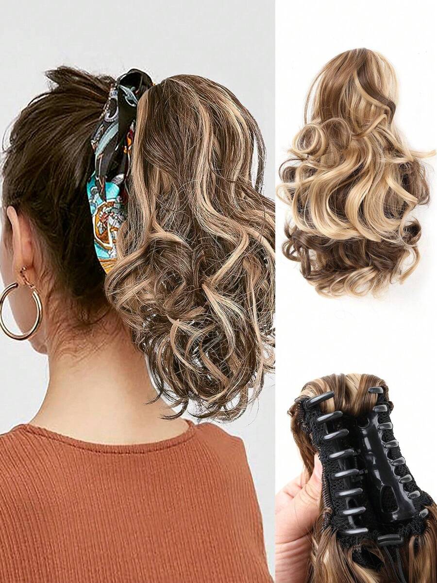 爪夾在馬尾辮延長辮短馬尾辮卷波浪狀的小馬尾巴厚假髮片適合女士假馬尾日常使用 - 彩色 - 查看 1