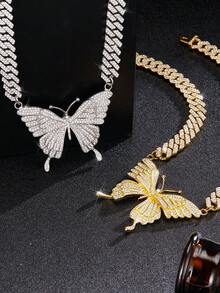 閃亮的蝴蝶項鍊吊飾閃亮的靈石吊墜項鍊項圈閃亮的舞會項鍊珠寶嘻哈項鍊女性和女孩的配飾 - 金色 - 查看 1