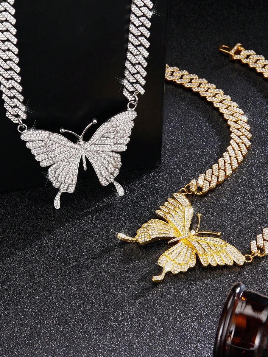 閃亮的蝴蝶項鍊吊飾閃亮的靈石吊墜項鍊項圈閃亮的舞會項鍊珠寶嘻哈項鍊女性和女孩的配飾 - 金色 - 查看 1