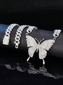 閃亮的蝴蝶項鍊吊飾閃亮的靈石吊墜項鍊項圈閃亮的舞會項鍊珠寶嘻哈項鍊女性和女孩的配飾 - 金色 - 查看 5