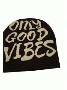1pc Unisex Y2K Style Letter "ONLY GOOD VIB" Knit Ski Hat, Outdoor Cold Weather Warm Knit Beanie, Casual Versatile Winter Cap For Daily Commute - Multicolor - View 2