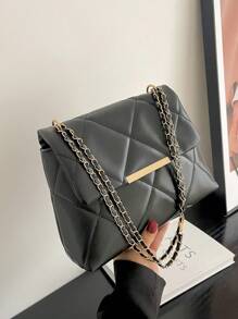Quilted Pattern Flap Square Bag Metal Decor Chain - Black - View 3